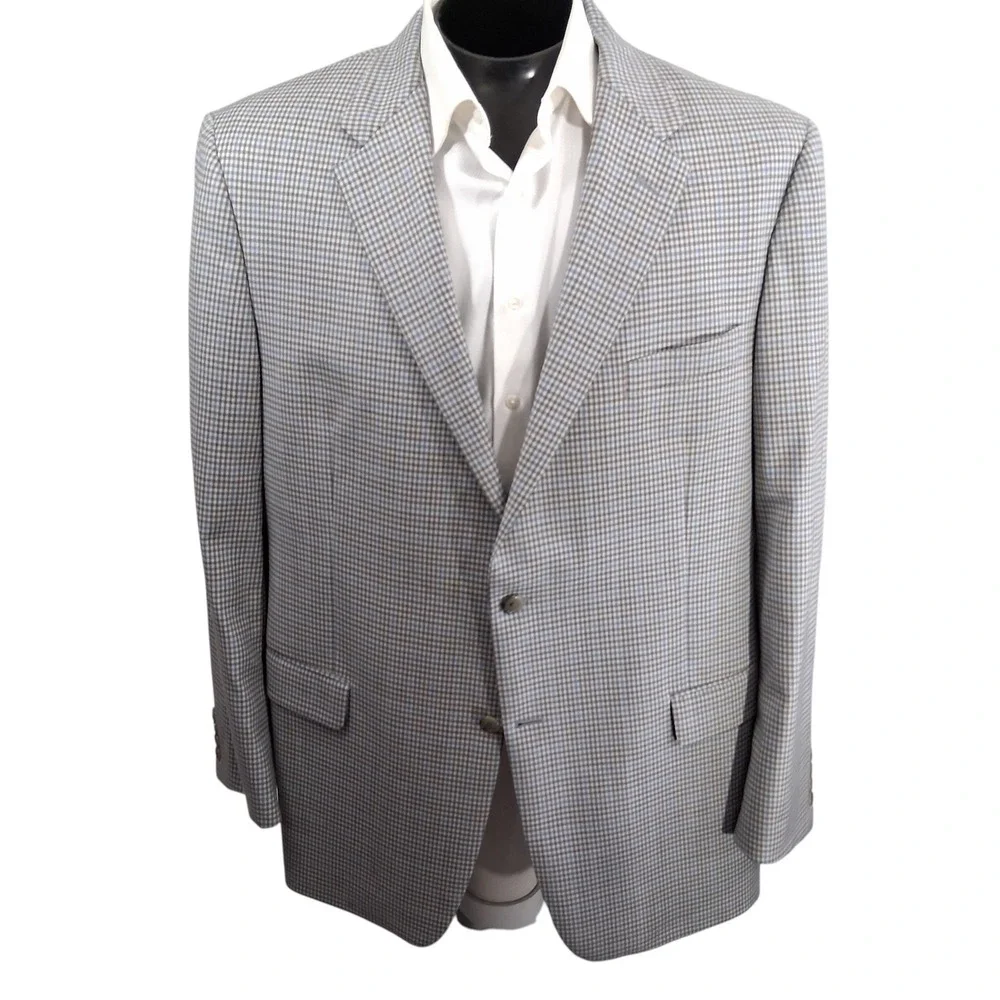 Hickey Freeman Blazer Mens 48L Blue Gray 100% Wool Micro Check Sport Coat